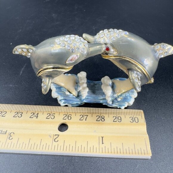 Vintage Enamel Hinged Lid Trinket Box Loving Dolphins Marked CR Metal Trinket - Picture 4 of 13